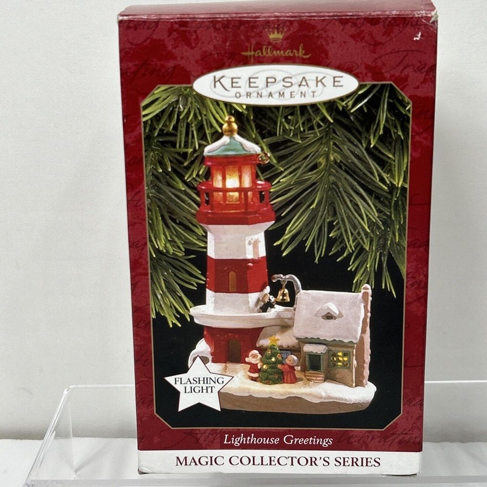 Hallmark Keepsake Ornament Lighthouse Greetings Flashing Light Tree Mr Mrs Claus